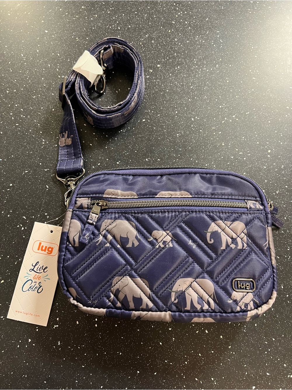 lug Navy Quilted Elephant Print Crossbody Bag